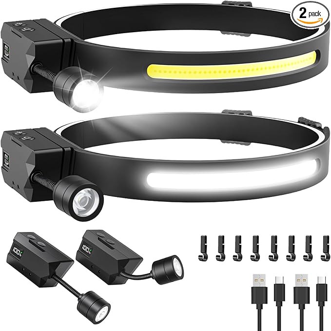 Headlamp Rechargeable 2 Pack, Detachable 230° Wide Beam LED 2 in 1 Head Lamps with Motion Sensor, Hard Hat Head Lamp for Adults, 7 Modes Headlight for Mechanics, Hiking, Outdoor Work