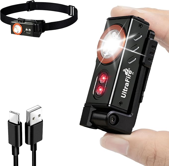 ULTRAFIRE Rechargeable EDC Pocket Flashlight with Clip, Magnetic Base and Headband, 6 Modes 500 Lumens Compact Mini Keychain Flashlight for Outdoor Use