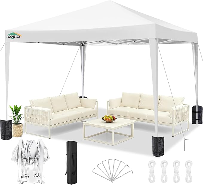 COBIZI Canopy 10x10 Pop Up Canopy Tent Party Tents for Parties Weddings Backyard Waterproof Canopy Outdoor Commercial Canopy Event Tent with Stakes, Ropes, Sandbags, White