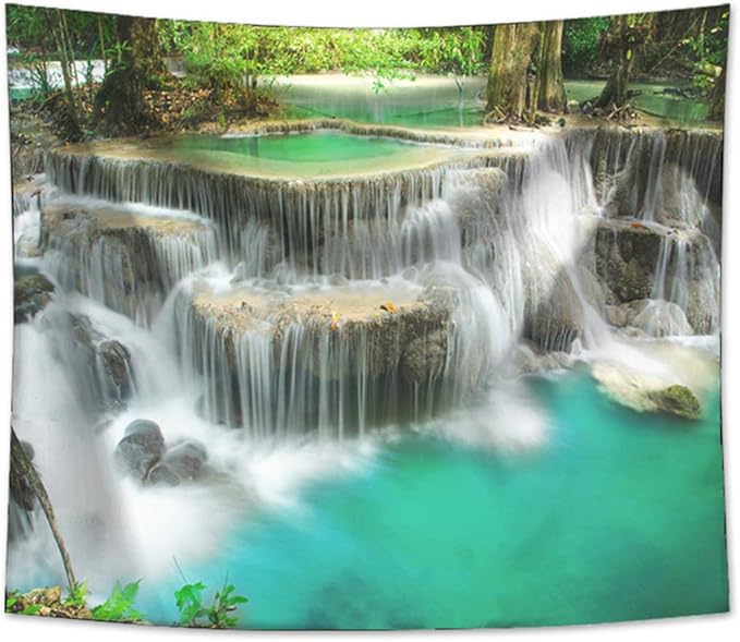 Forest Waterfall Tapestry Wall Hanging Sandy Beach Picnic Rug Camping Tent Sleeping Pad Home Decor Bedspread Sheet Wall Cloth (80x68inch,5)