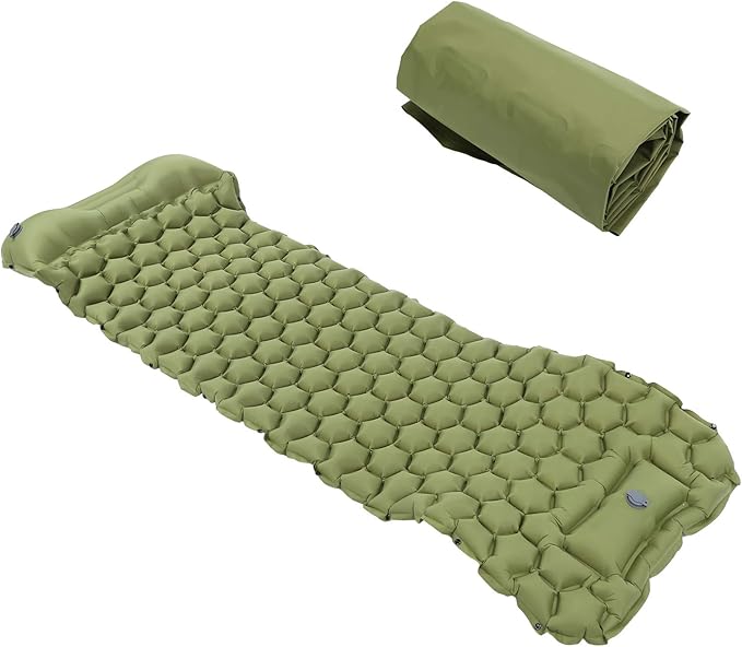 Camping Sleeping Pad Mat Foot Press Inflatable Cushion Mattress, Durably 40D Nylon TPU Laminate, Lightweight 700g, Compact Folding Size for Tent Hiking Travel (Green)