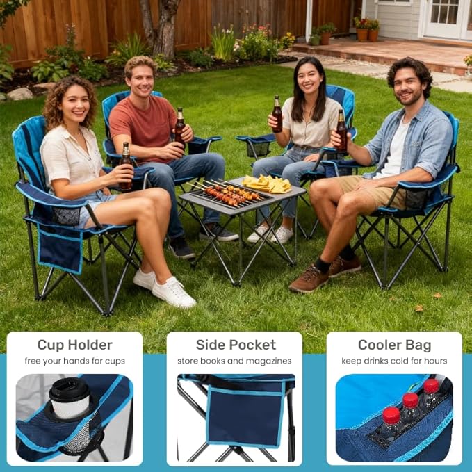 FAIR WIND Heavy Duty Camping Chair, Oversized Padded Folding Chair for Big and Tall (450lbs), Extra Wide Seat with Integrated Cooler & Storage Pocket, Adjustable Lumbar Support for Outdoor