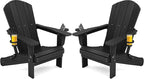 SERWALL HDPE Folding Adirondack Chair with Dual Cup Holder - Composite Adirondack Chair Set of 2- Black
