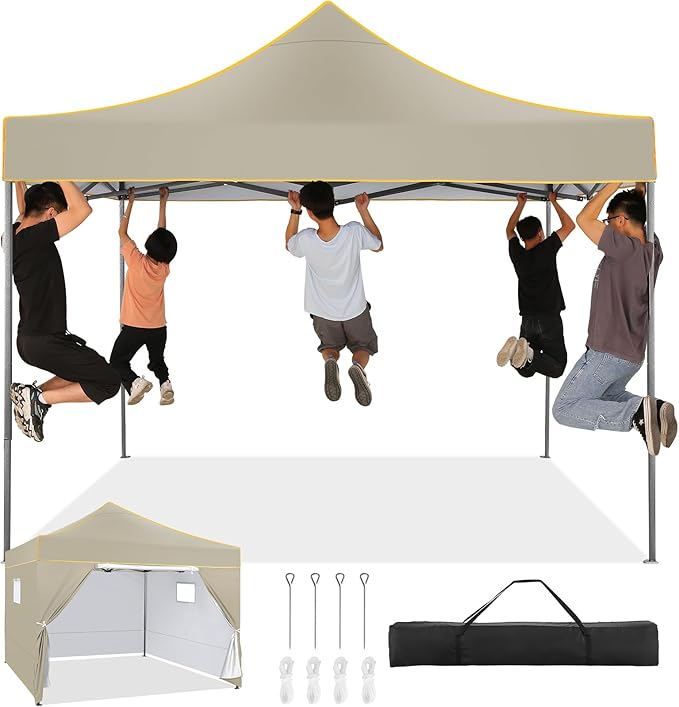 COBIZI 10x10 Pop Up Canopy Tent Commercial Heavy Duty Instant Canopy with 4 Sidewalls, UV 50+ Silver Coated Waterproof Vendor, Portable Shelter with Carry Bag, Event Tent for Parties, Khaki