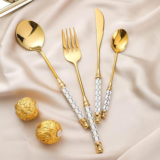 Luxury 32 Pieces Silverware Set for 8, Modern Unique Stainless Steel Gold Flatware Cutlery Set, Eating Tableware Utensils for Home Restaurant Wedding Party