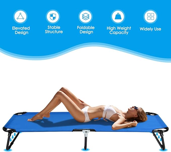 Giantex Folding Camping Cot for Adults, Portable Sleeping Cot Bed with 600D Oxford Fabric, Heavy Duty Frame, 350Lbs Capacity, 1-Step Use, Outdoor Lounge Chair for Sleepover Hiking, Home & Office, Blue