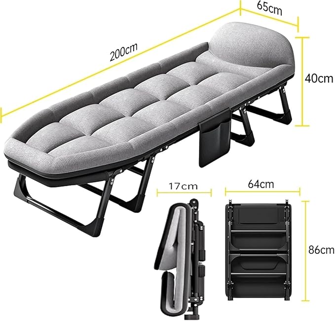 Cotton Linen Camping Cot, Space Saving Folding Bed for Adults, 6-Position Folding Chaise Lounge Chair for Indoor Outdoor