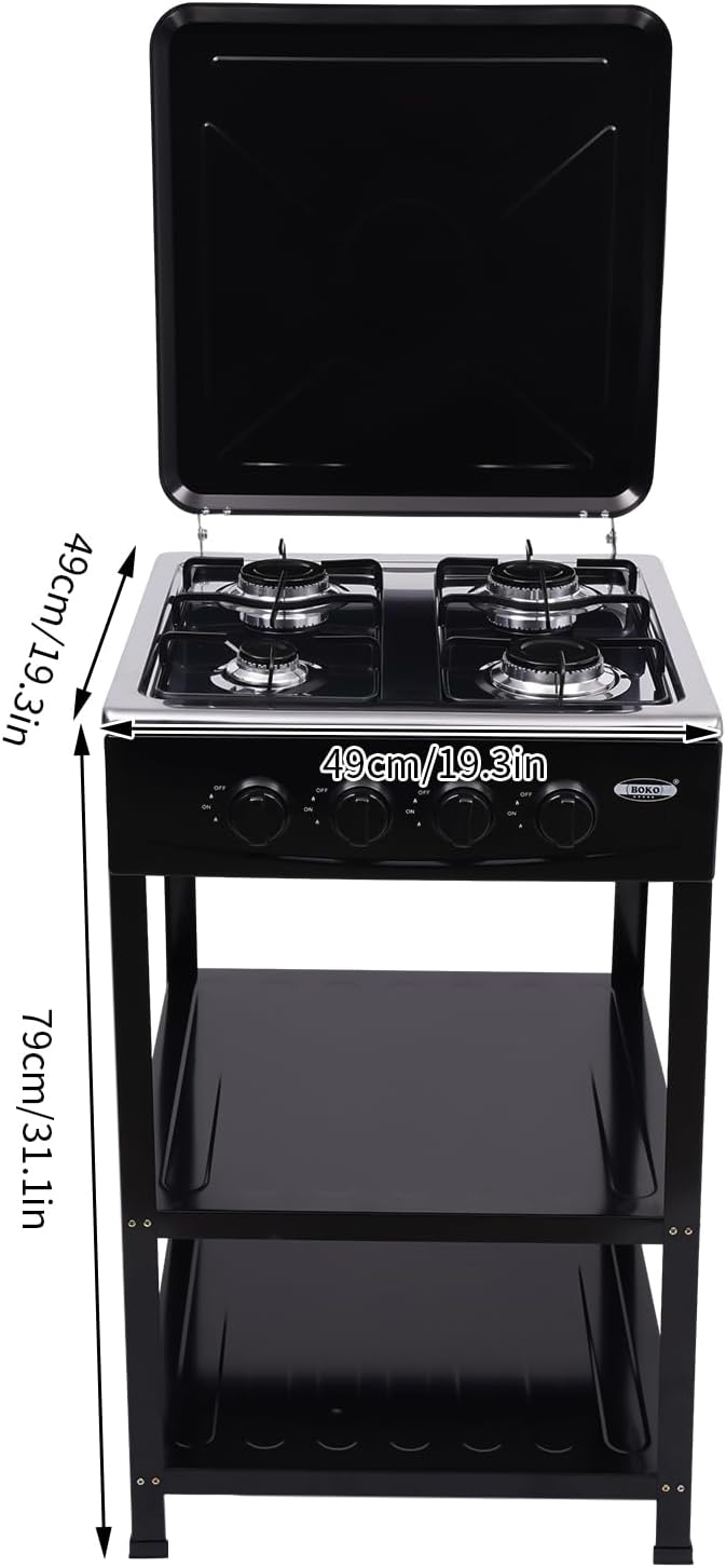 4 Burners Natural Gas Stoves, Portable Outdoor Stove with 2 Tier Storage Rack, Free Standing Grill Dual Natural Gas Cooker for Camping Picnic Home RV Cooking (Black-2)