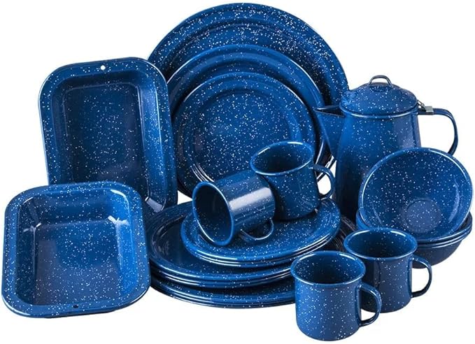 Cinsa 23 Piece. Enameled Dinnerware Camping/Outdoor Set for 4. Includes Plates, Bowls, Mugs, Coffee Boiler.