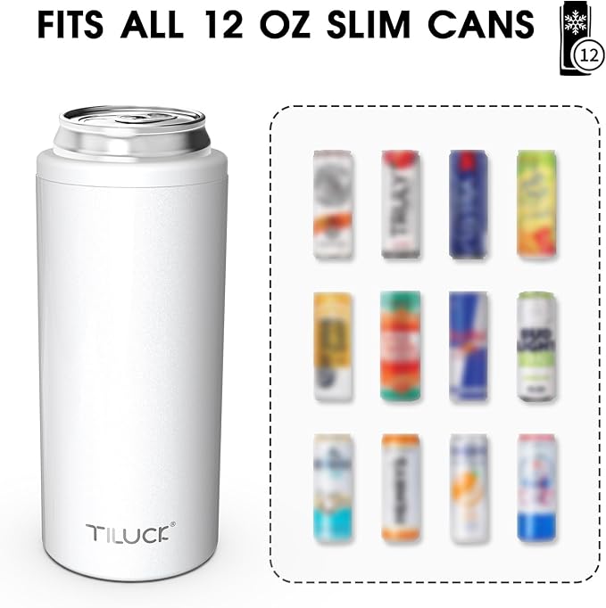 TILUCK Skinny Can Cooler for Slim Beer & Hard Seltzer, Stainless Steel, Doucle-Walled Stainless Steel Insulated Slim Cans, Standard 12 oz (Glitter White)