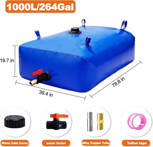 1000 L/264 Gal Water Bladder Tank, Foldable Portable Water Storage Container, Emergency Water Bag for RV, Truck Bed, Fire Prevention, Drought Resistance, Blue