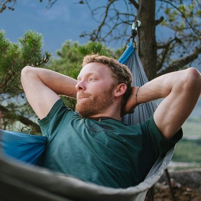 Fox Outfitters Neolite Double Camping Hammock - Lightweight Portable Nylon Parachute Hammock for Backpacking, Travel, Beach, Yard. Hammock Straps & Steel Carabiners Included (Sky Blue/Bronze)