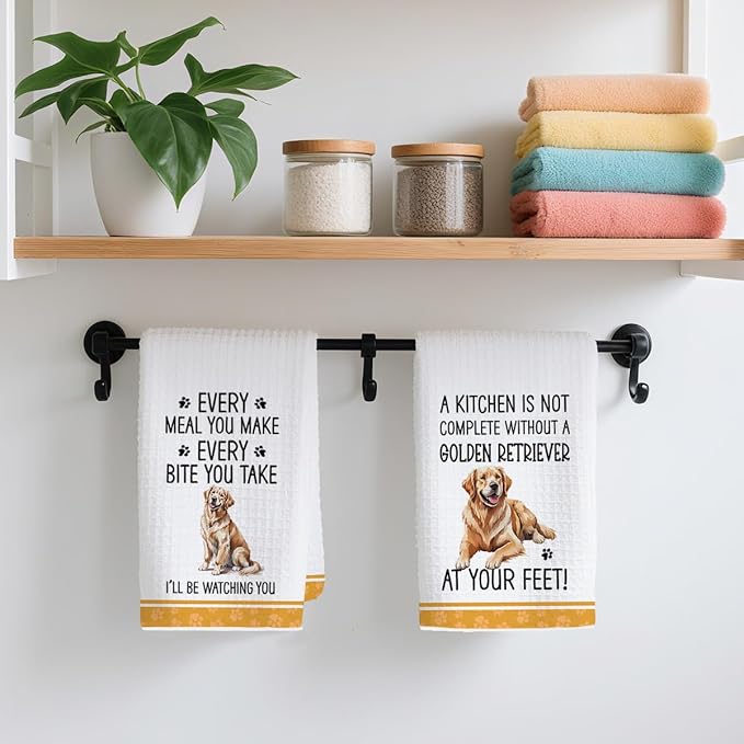 2Pcs Funny Dog Kitchen Towels 24x14 Inch, Cute Golden Retriever Waffle Weave Dish Towels for Kitchen Home, White Absorbent Microfiber Hand Tea Towel, Golden Retriever Gifts for Women Dog Lovers 1