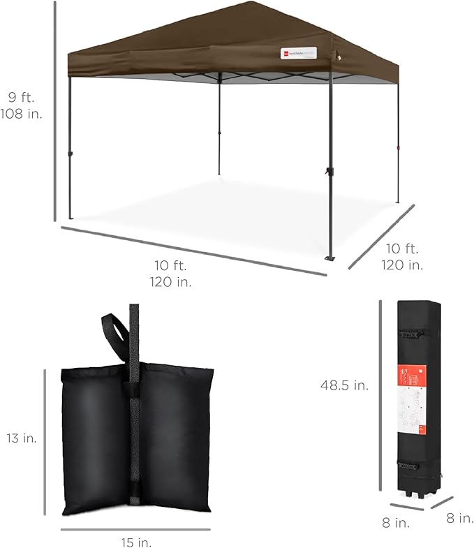 Best Choice Products 10x10ft Pop Up Canopy Tent, Outdoor Shade, 1 Person 1 Minute Set Up, Carry Case, 4 Weight Bags - Brown