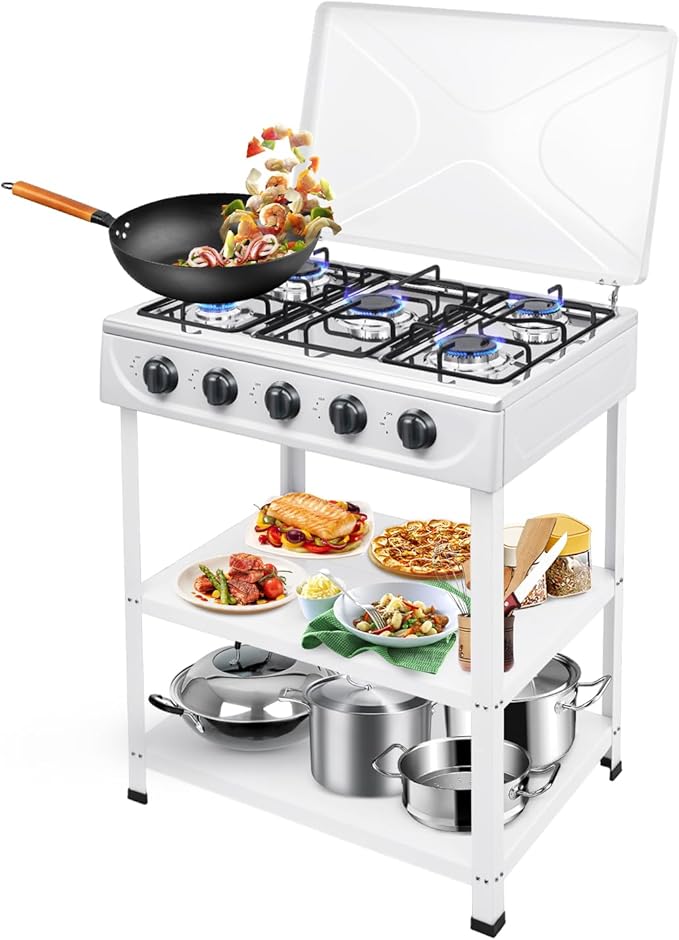 5 Burner Propane Gas Stove Outdoor Kitchen Grill Outdoor Cooking Stove with Support Leg Stand and Wind Blocking Cover Propane Burners for Outdoor Cooking, RV Travel, Apartment (White)