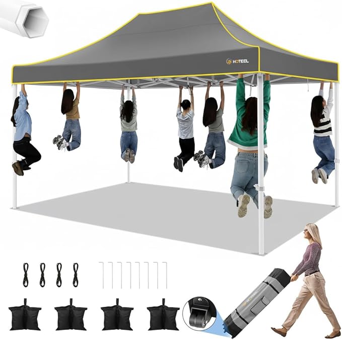 HOTEEL 10x15 Heavy Duty Pop up Canopy Tent for Parties Without Sidewalls, Easy Setup Outdoor Commercial Instant Gazebo for Wedding Event, with Roller Bag & Sand Bags, Grey(Hexagonal Frame)