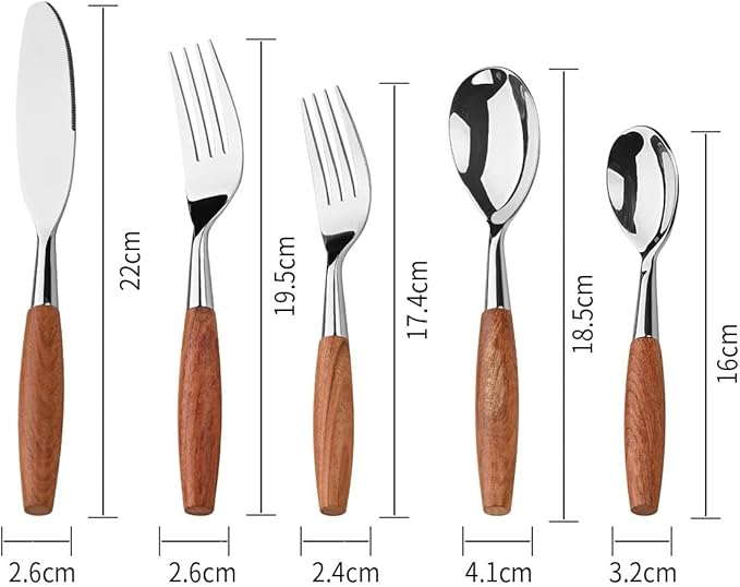 Silverware Flatware Cutlery Set， 5/20/30/40pcs Wooden Handle Mirror 304 Stainless Steel Knife， Fork and Spoon Thickened Rosewood Tableware，Silver-40 Pieces for 8