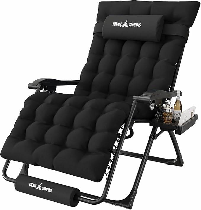 Amopatio Oversized Zero Gravity Chair w/Removable Cushion&Headrest, XXL 33In Reclining Camping Lounge Chair Upgraded Lock and Footrest, Folding Patio Recliner for Indoor Outdoor, Black