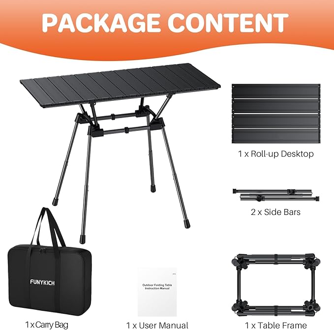 FUNYKICH 3ft Aluminum Roll Up Camping Table(L35''xW16''), 4 Height Adjustable Ultralight Folding Camp Table Up to 28'', Portable Tables with Carry Bag for Camping, Picnic, BBQ, Party, Backyard, Beach