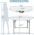 4FT Round Folding Table 48 Inch, Bifold Plastic Dining Table for Wedding, Party, Garden, Patio