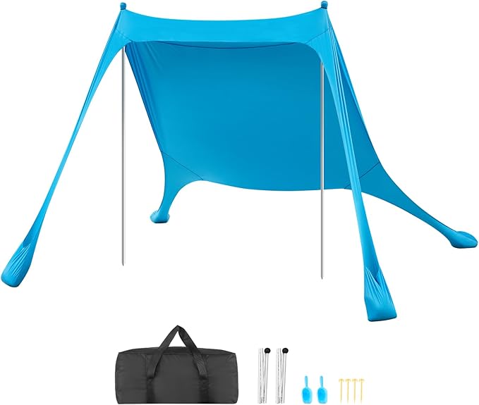 VEVOR Beach Tent Sun Shelter, UPF50+ Sun Protection, 6.6 ft Tall, 7.5x7.5 ft, Easy Pop Up Beach Canopy with Sandbags, Stability Poles, Sand Shovels, Portable Shade for Family Outings, Camping, Fishing
