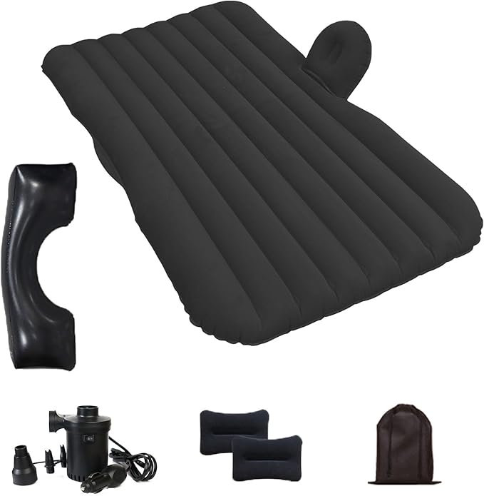 Car Air Mattress, Inflatable SUV Truck Camping Mattress for Back Seat, Thickened Travel Car Bed Sleeping Pad with Inflatable Pier Air Pump 2 Pillows (Black)