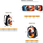 3PCS Football Fire Print Kids School Bag Set, Waterproof Daypack Knapsack Insulated Lunch Tote Bag Pen Case Organizer for Hiking