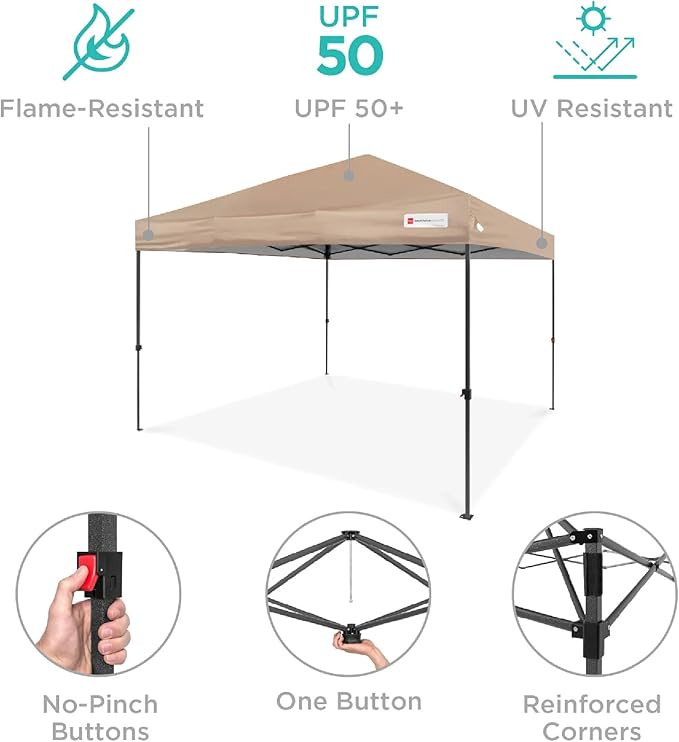 Best Choice Products 10x10ft Pop Up Canopy Tent, Outdoor Shade, 1 Person 1 Minute Set Up, Carry Case, 4 Weight Bags - Tan
