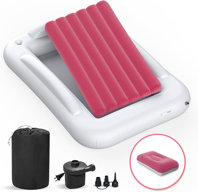 Inflatable Toddler Travel Bed - 60 Inches Portable Toddler Bed for Travel with Safety Sides - Cozy Kids Air Mattress Set with High-Speed Pump & Carry Case - Lightweight & Easy to Inflate(Pink)