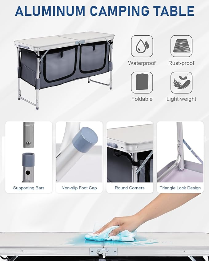 Outvita Folding Table, 4FT Aluminum Camping Table with Large Storage Space and Adjustable Height Picnic Table Lightweight for Carring Outdoor Party Events Beach