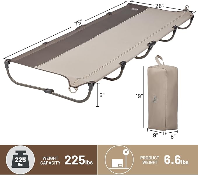 Timber Ridge Lightweight Aluminum Camping Cot, 20-Second Quick Set-Up Folding Cot with Zipper Closure, Portable Carry Bag Included for Camping, Travel and Outdoors, Support up to 225lbs, Tan