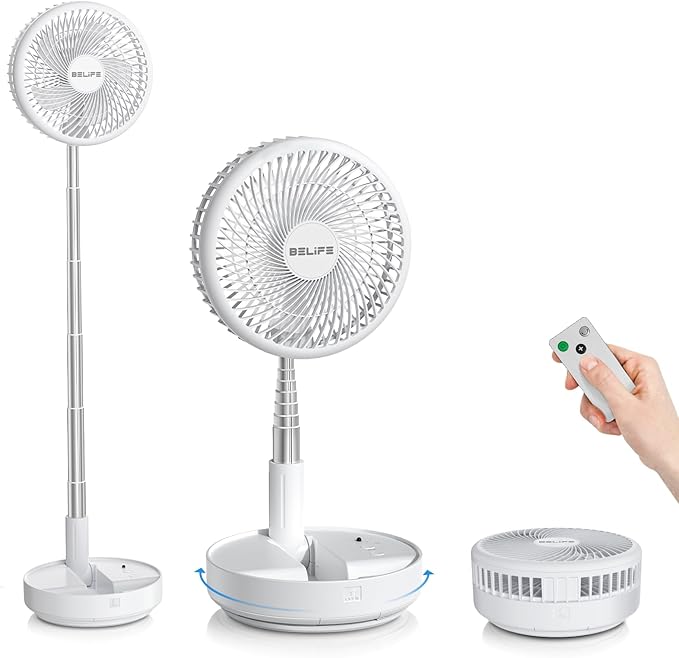 Belife X8 Portable Fan, Cordless 7200mAh Battery Operated Oscillating Fan, USB Rechargeable Desk Floor Fan with Remote, Foldable Telescopic Fan for Home Bedroom Sleeping Office Camping Travel (White)