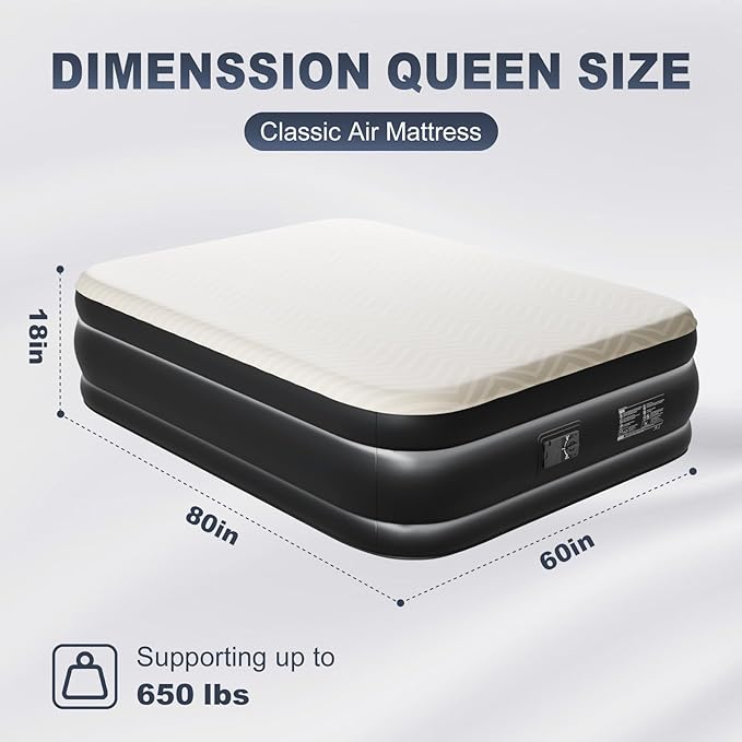 Outvita 18in Queen Air Mattress with Built-in Pump, Foam Topper Inflatable Air Bed Quick Assembly Comfort Luxury Blow Up Sleeping Mat for Guests and Home, Camping, Travel, 650lbs Weight Capacity