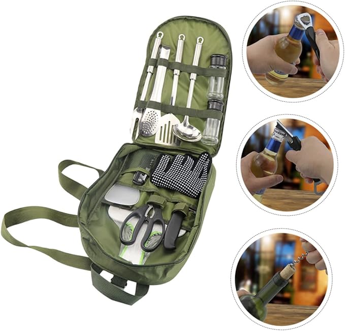 Portable Camping Cookware Set with Storage Bag Outdoor Tableware Kit for Hiking Picnics Includes Utensils and Cookware for Camping Supplies Olive Green