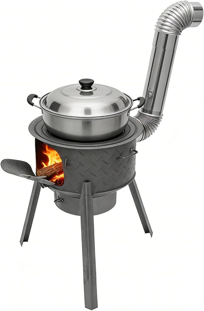 Wood Burning Stove Portable Camping Rocket Stove for Outdoor Cooking Removable Iron Firewood Stove with Grill Rack Charcoal Grill Tent Stoves for Backpacking Hiking (17in-3 Wok Rings-1)