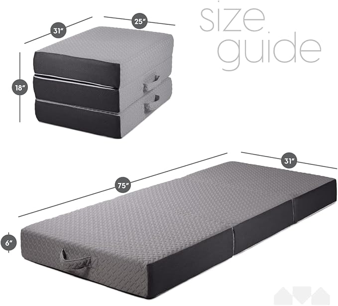 Milliard Trifold Mattress, Cot Size, 6 inch, Portable Foldable Mattress with Memory Foam & Washable Cover, Tri-Folding Floor Bed, Camping, Fold Up Guest Bed, RV Travel, Sleepovers, 75" x 31"