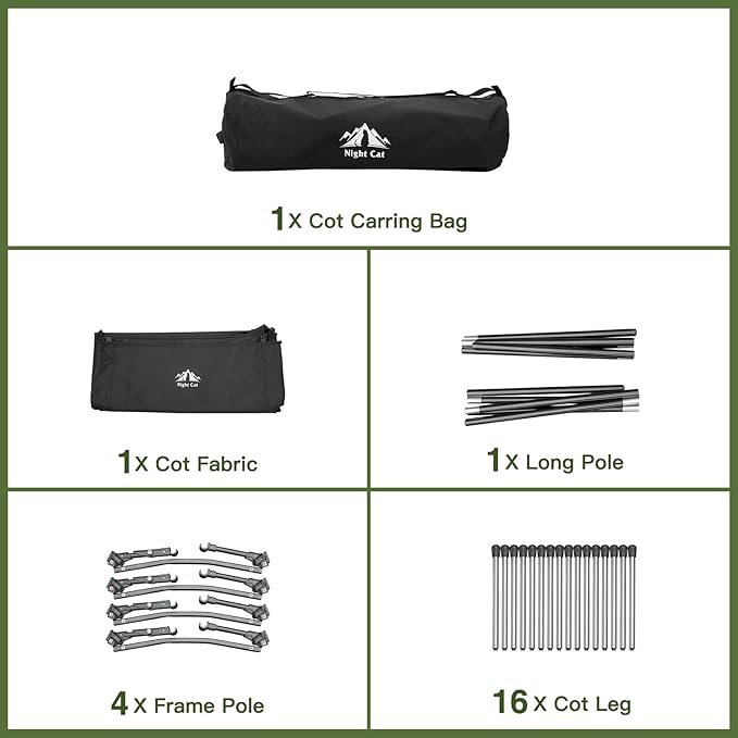Night Cat Camping Cot Bed - Portable Folding Sleeping Cots for Adults 1-Person Outdoor Elevated Off-Ground Beds Easy Set-up Army Sleeping Bed 87"x32"