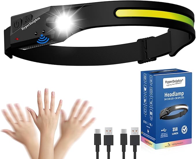 Headlamp Rechargeable LED 230° Wide Beam, USB-C Lightweight Head Lamp, Long Runtime, Water-Resistant for Camping, Hiking, Running, Fishing, Repair Work