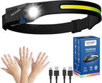 Headlamp Rechargeable LED 230° Wide Beam, USB-C Lightweight Head Lamp, Long Runtime, Water-Resistant for Camping, Hiking, Running, Fishing, Repair Work