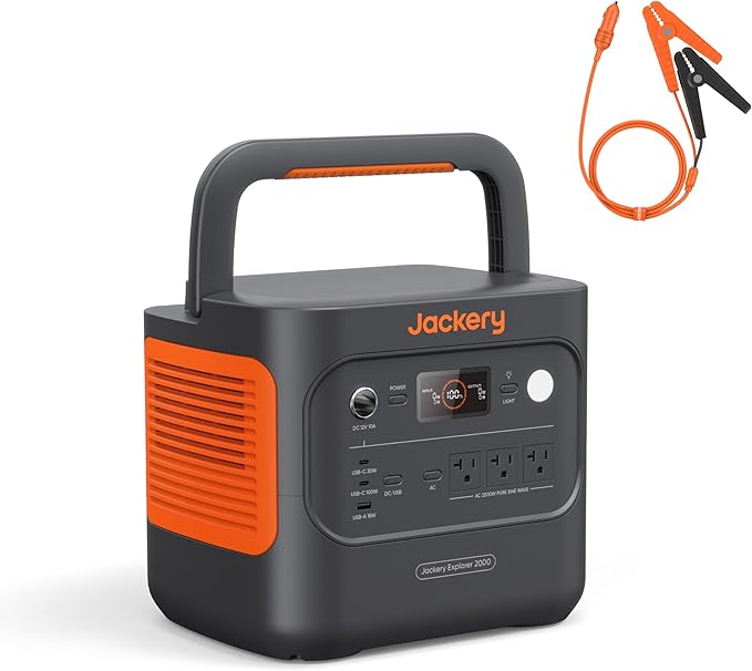 Jackery Explorer 2000 v2 Portable Power Station with 12V Automobile Charging Cable, 2042Wh LiFePO4, 2200W Solar Generator, USB-C PD 100W Fast Charging for Camping, Home Use (Solar Panel Optional)