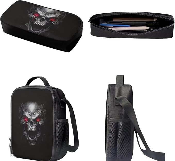 3PCS Skull Print Blue School Bag, 17 Inch Laptop Bookbag Daypack Knapsack Rucksack Lunch Bags Pen Case for College Student