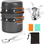 Odoland 6pcs Camping Cookware Mess Kit with Lightweight Pot, Stove, Spork and Carry Mesh Bag, Great for Backpacking Outdoor Camping Hiking and Picnic