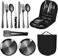 Travel Portable Black Silverware Set With Case Stainless Steel Camping Flatware Set 10 Piece Modern Cutlery Tableware Utensils Set for Picnic and Other Outdoor Activities Mirror Polished