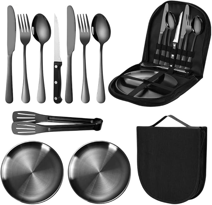 Travel Portable Black Silverware Set With Case Stainless Steel Camping Flatware Set 10 Piece Modern Cutlery Tableware Utensils Set for Picnic and Other Outdoor Activities Mirror Polished