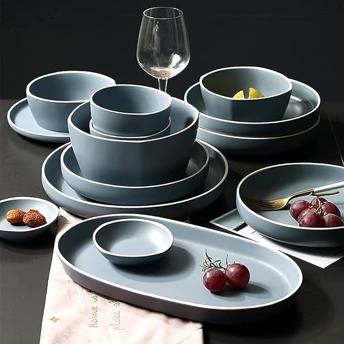 Kitchen Dinnerware Set, Break Chip Resistant Dishes Plates and Bowls | Nordic Simple Solid Color Bone China Tableware for Family Gathering and Gift