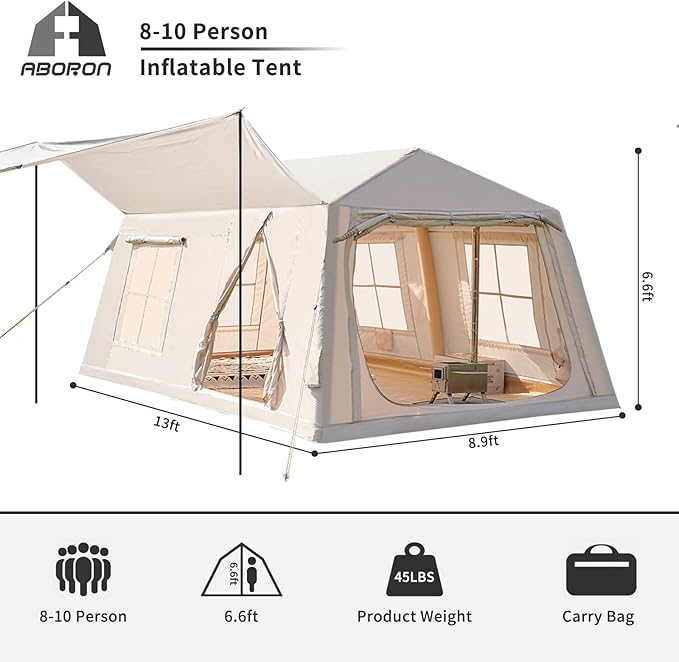 ABORON 2/6/8/10/12 Person Inflatable Camping Tent, Easy Setup Blow Up Tent with Hand Pump, PU3000mm Waterproof & Breathable 4 Season Glamping Tent for Outdoor Camping