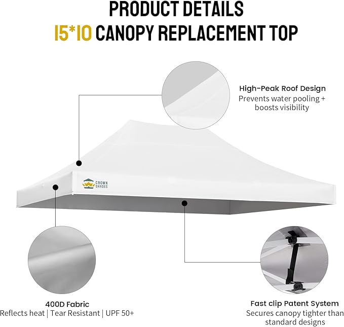 CROWN SHADES 10x15 Canopy Replacement Top - Only Compatible with Crown Shades M150B Series, Canopy Top Cover, White (Top Only)