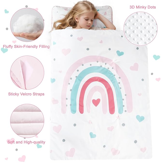 PHF Toddler Nap Mat with Removable Pillow and Minky Fleece Blanket, Rollup Design Warm Slumber Bags for Girls, 52"x20"x2" Kids Sleeping Bag for Daycare Preschool Travel Camping, Rainbow