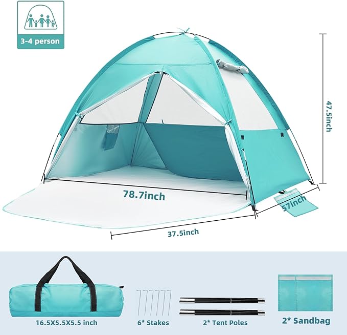 COVACURE 2026 New Upgraded Beach Tent Sun Shelter - UPF 50+ UV Protection Beach Shade for 3-4 Person, Waterproof & Lightweight, Easy Setup Portable Sun Canopy for Camping, Fishing, Beach (Green)