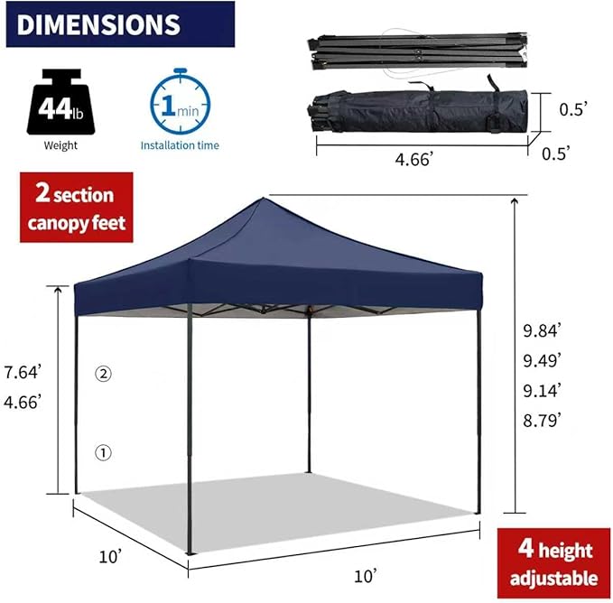 Pop up Canopy Tent with Awning Easy up Canopy with Wheel Bag Heavy Duty Waterproof Canopy Commercial Gazebo Tent for Outdoors Parties Vendors (Navy Blue)